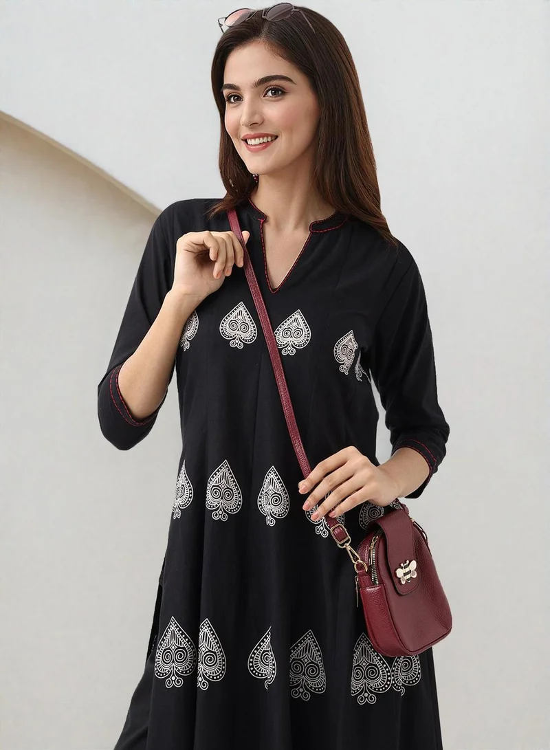 ISHIN  Women's Black 100% Cotton Embellished Tunic Full Length Casual Straight Fit Kurta Set for Women | Best Price UAE